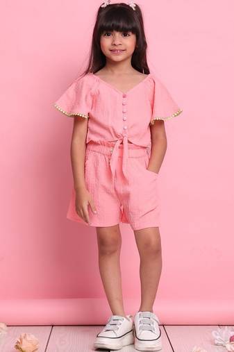 Girls' peach co-ord set     front-knot short sleeve top with matching shorts