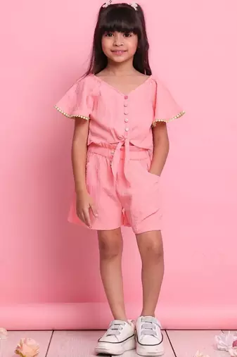 Girls' peach co-ord set     front-knot short sleeve top with matching shorts