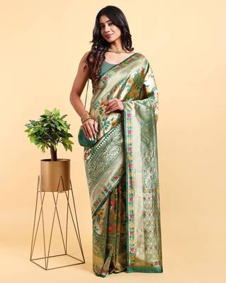 Golden and green zari woven floral pattern saree with blouse piece 1
