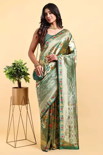 Golden and green zari woven floral pattern saree with blouse piece