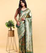Golden and green zari woven floral pattern saree with blouse piece