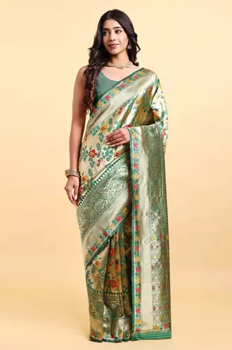 Golden and green zari woven floral pattern saree with blouse piece