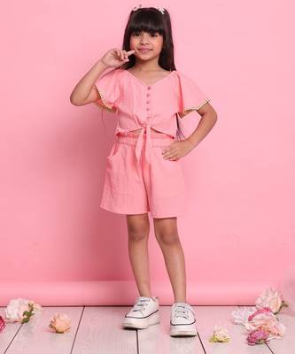 Girls' peach co-ord set     front-knot short sleeve top with matching shorts 2