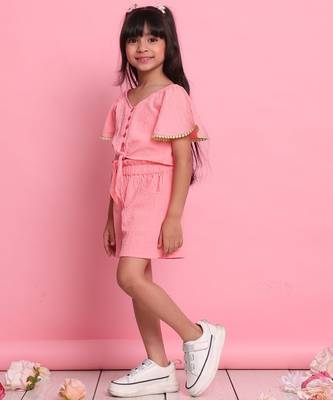 Girls' peach co-ord set     front-knot short sleeve top with matching shorts 3