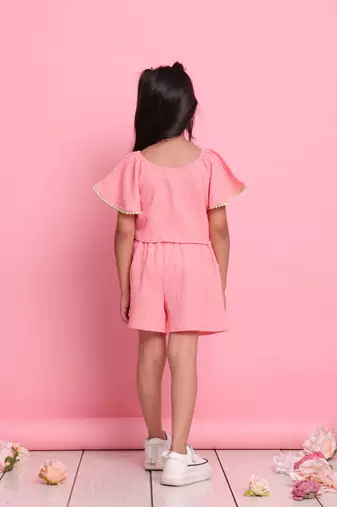 Girls' peach co-ord set     front-knot short sleeve top with matching shorts