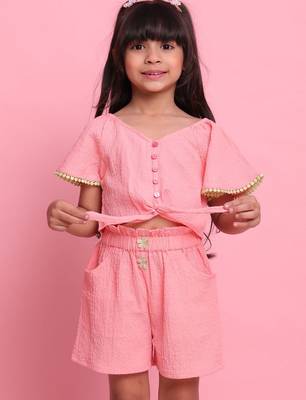 Girls' peach co-ord set     front-knot short sleeve top with matching shorts 5