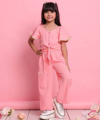 Girls' peach co-ord set     front-knot button top & relaxed trousers 1