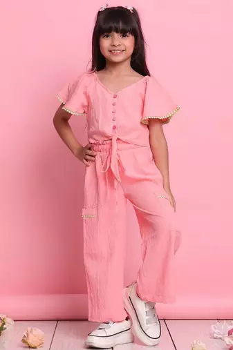 Girls' peach co-ord set     front-knot button top & relaxed trousers