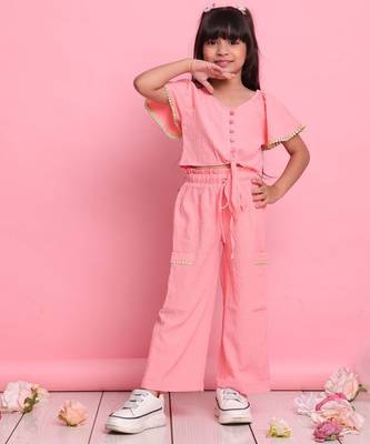 Girls' peach co-ord set     front-knot button top & relaxed trousers 2