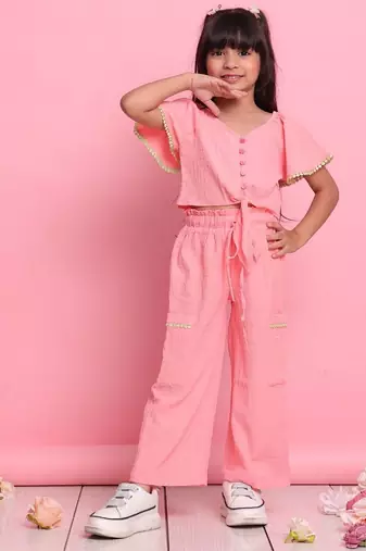 Girls' peach co-ord set     front-knot button top & relaxed trousers