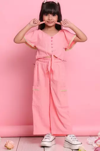 Girls' peach co-ord set     front-knot button top & relaxed trousers
