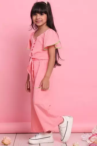 Girls' peach co-ord set     front-knot button top & relaxed trousers