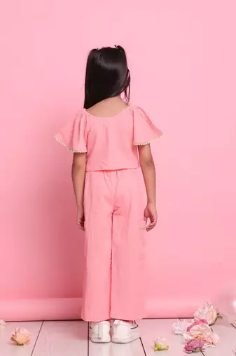 Girls' peach co-ord set     front-knot button top & relaxed trousers