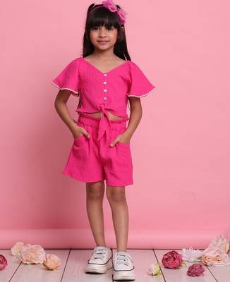 Girls' magenta co-ord set     button front-knot top with relaxed fit trousers 1