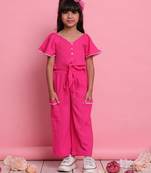 Girls' magenta co-ord set     button front-knot top with relaxed trousers