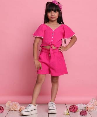 Girls' magenta co-ord set     button front-knot top with relaxed fit trousers 3