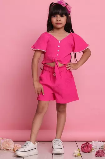 Girls' magenta co-ord set     button front-knot top with relaxed fit trousers