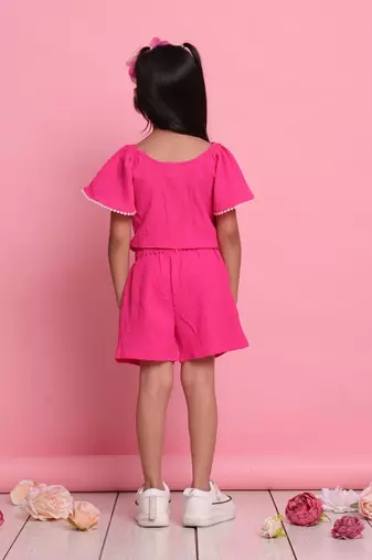 Girls' magenta co-ord set     button front-knot top with relaxed fit trousers
