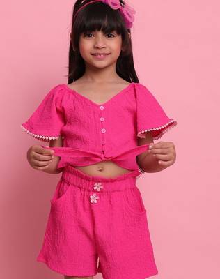 Girls' magenta co-ord set     button front-knot top with relaxed fit trousers 5