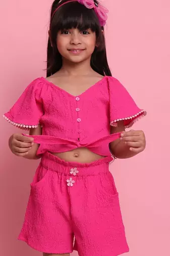 Girls' magenta co-ord set     button front-knot top with relaxed fit trousers