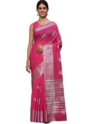 Pink tissue silk silver zari floral motifs saree with blouse piece 1