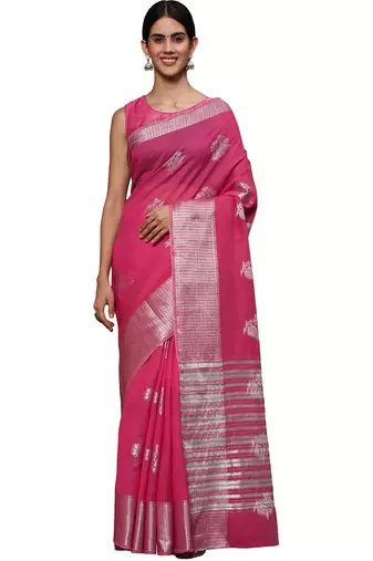 Pink tissue silk silver zari floral motifs saree with blouse piece