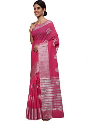Pink tissue silk silver zari floral motifs saree with blouse piece 2