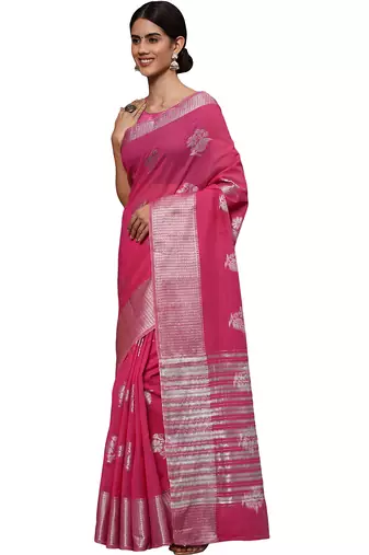 Pink tissue silk silver zari floral motifs saree with blouse piece