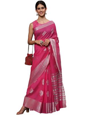 Pink tissue silk silver zari floral motifs saree with blouse piece 3