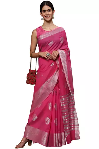Pink tissue silk silver zari floral motifs saree with blouse piece