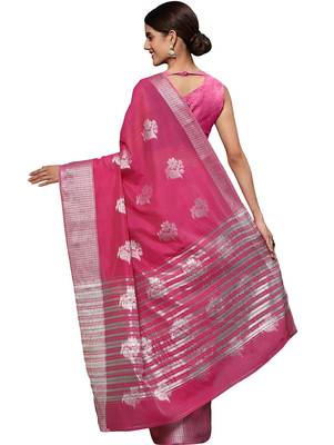 Pink tissue silk silver zari floral motifs saree with blouse piece 4