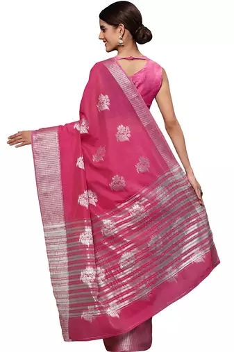 Pink tissue silk silver zari floral motifs saree with blouse piece