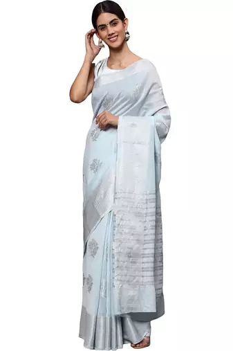 Blue tissue silk silver zari floral motifs saree with blouse piece