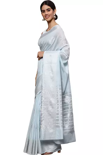 Blue tissue silk silver zari floral motifs saree with blouse piece