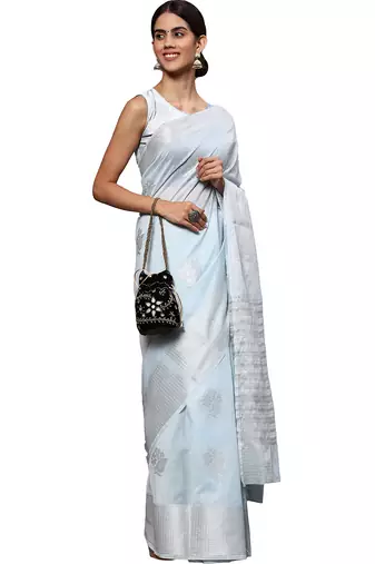 Blue tissue silk silver zari floral motifs saree with blouse piece