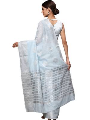 Blue tissue silk silver zari floral motifs saree with blouse piece 4
