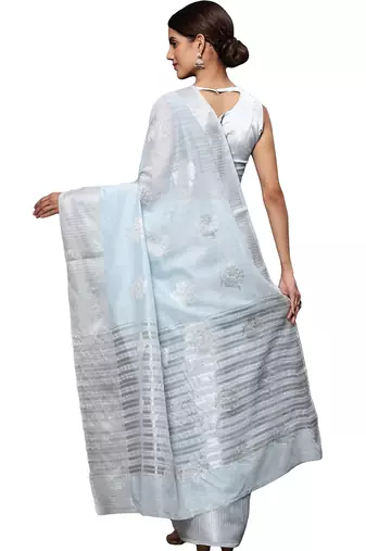 Blue tissue silk silver zari floral motifs saree with blouse piece