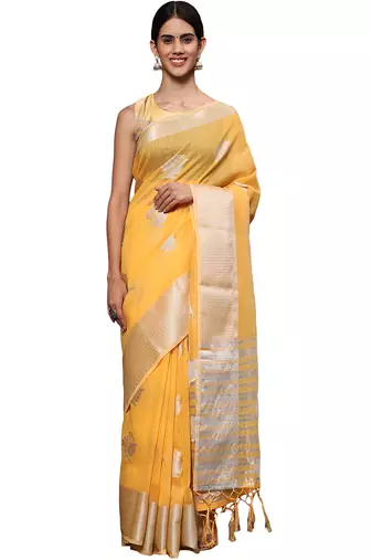 Mango yellow tissue silk silver zari floral motifs saree with blouse piece