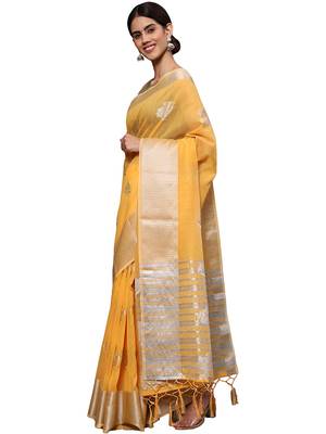 Mango yellow tissue silk silver zari floral motifs saree with blouse piece 2