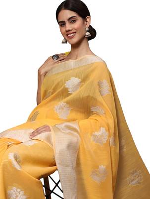 Mango yellow tissue silk silver zari floral motifs saree with blouse piece 3