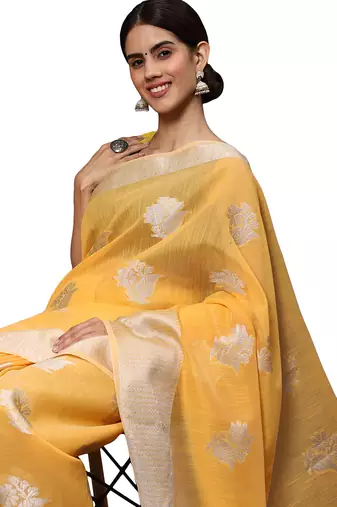 Mango yellow tissue silk silver zari floral motifs saree with blouse piece