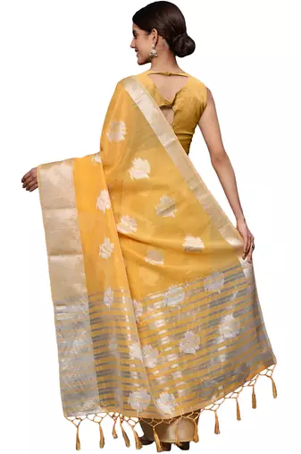 Mango yellow tissue silk silver zari floral motifs saree with blouse piece