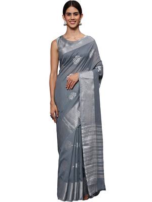 Metallic grey tissue silk silver zari floral motifs saree with blouse piece 1