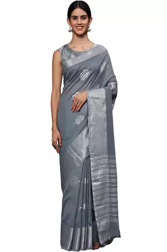 Metallic grey tissue silk silver zari floral motifs saree with blouse piece