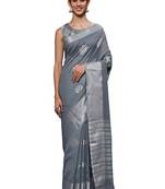 Metallic grey tissue silk silver zari floral motifs saree with blouse piece