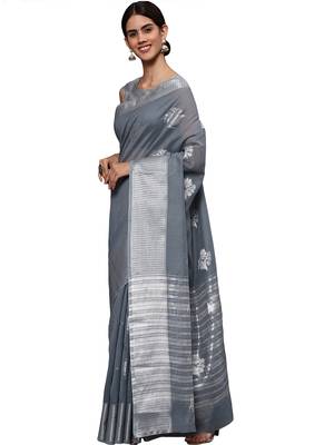 Metallic grey tissue silk silver zari floral motifs saree with blouse piece 2