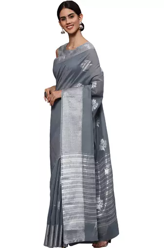 Metallic grey tissue silk silver zari floral motifs saree with blouse piece