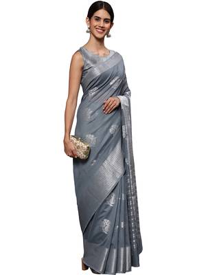 Metallic grey tissue silk silver zari floral motifs saree with blouse piece 3