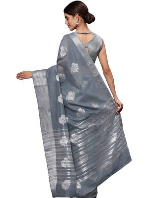 Metallic grey tissue silk silver zari floral motifs saree with blouse piece 4