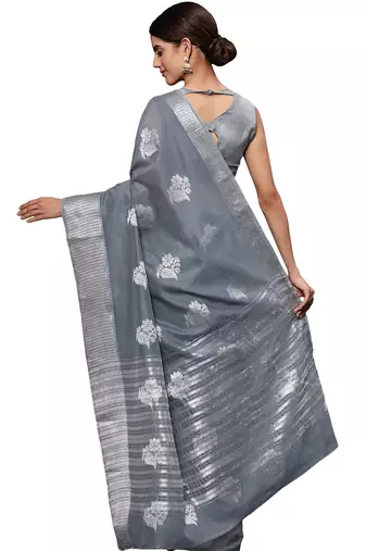 Metallic grey tissue silk silver zari floral motifs saree with blouse piece